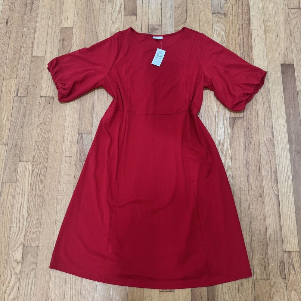 New J. Jill Red Puff Sleeve A-Line Dress Size Large $119 stretchy comfort